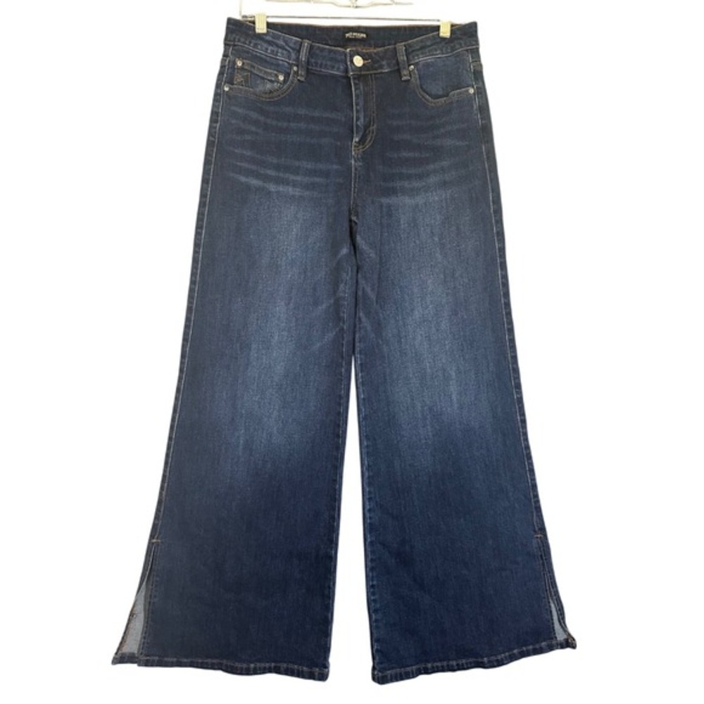 True Religion Sz 28 NWT Mid Rise Wide Leg Flare Slit Hem Dark Wash Jeans 30x30.5